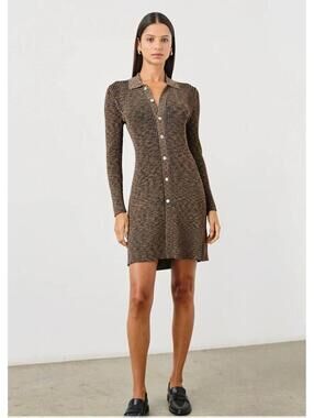 Rails Nikki Dress Womens Large Ribbed Knit Button Front Brown Black Stretch Midi
